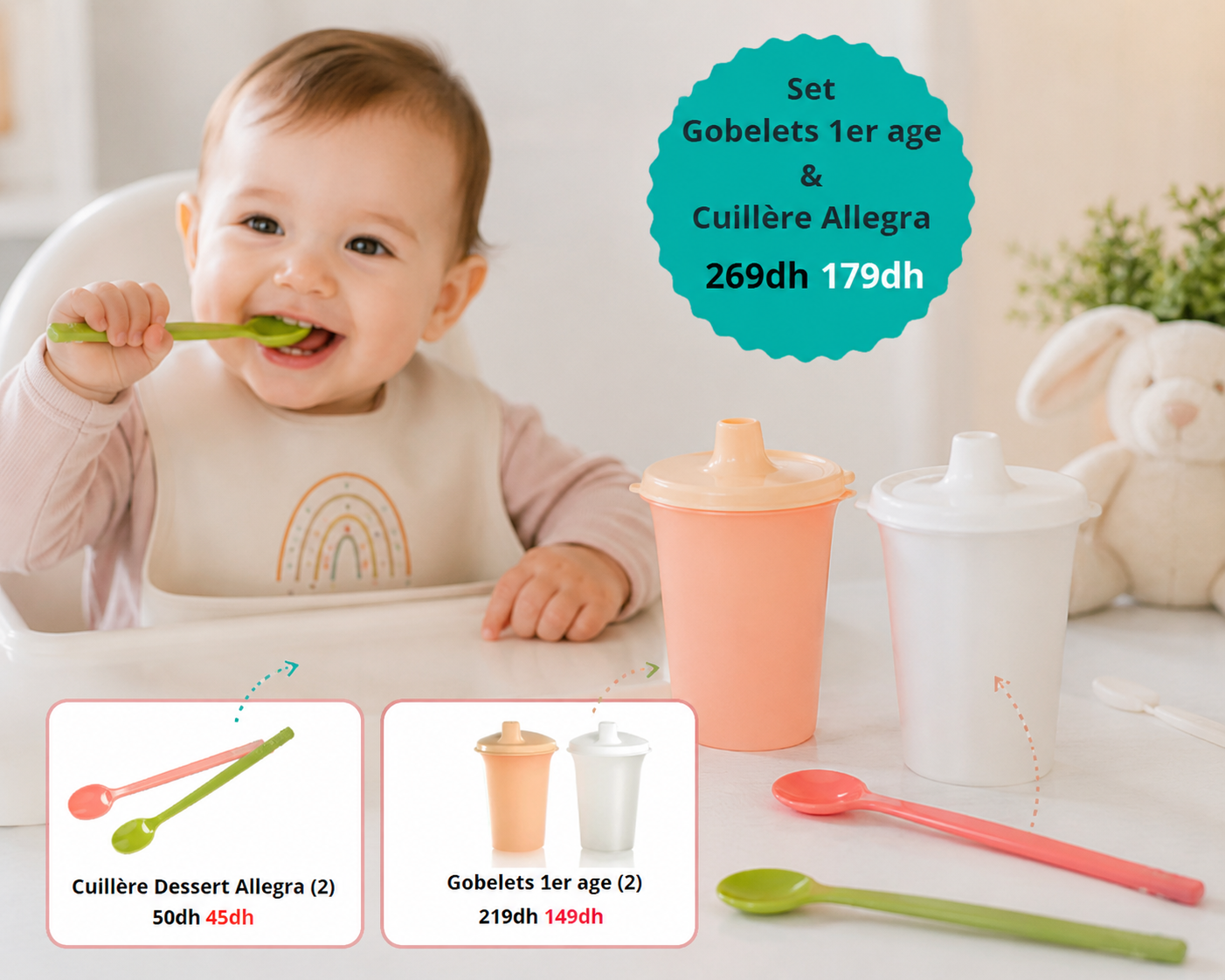 Gobelets 1er âge (2) + Set Cuillères Dessert Allegra Vert Saumon