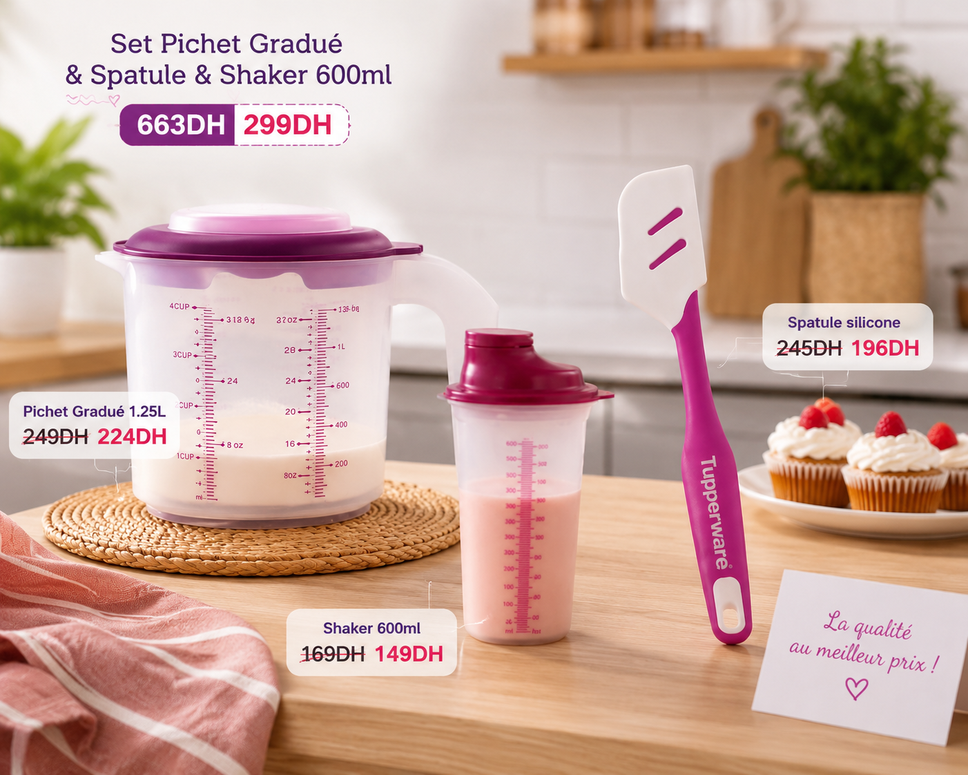 Pichet Gradué 1,25lt Violet + Spatule silicone Violet + Shaker 600ml Violet